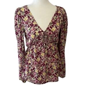 Springfield Pink And Violet Floral Smocked V-Neck Women's Blouse Top Size Small